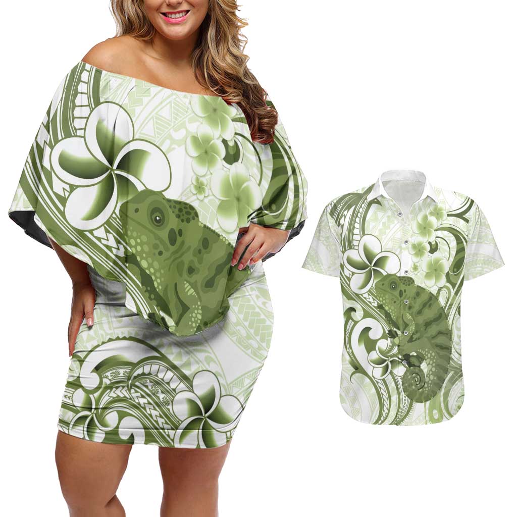 Green And White Hawaii Chameleon Couples Matching Off Shoulder Short Dress and Hawaiian Shirt Plumeria Polynesian Tribal Art