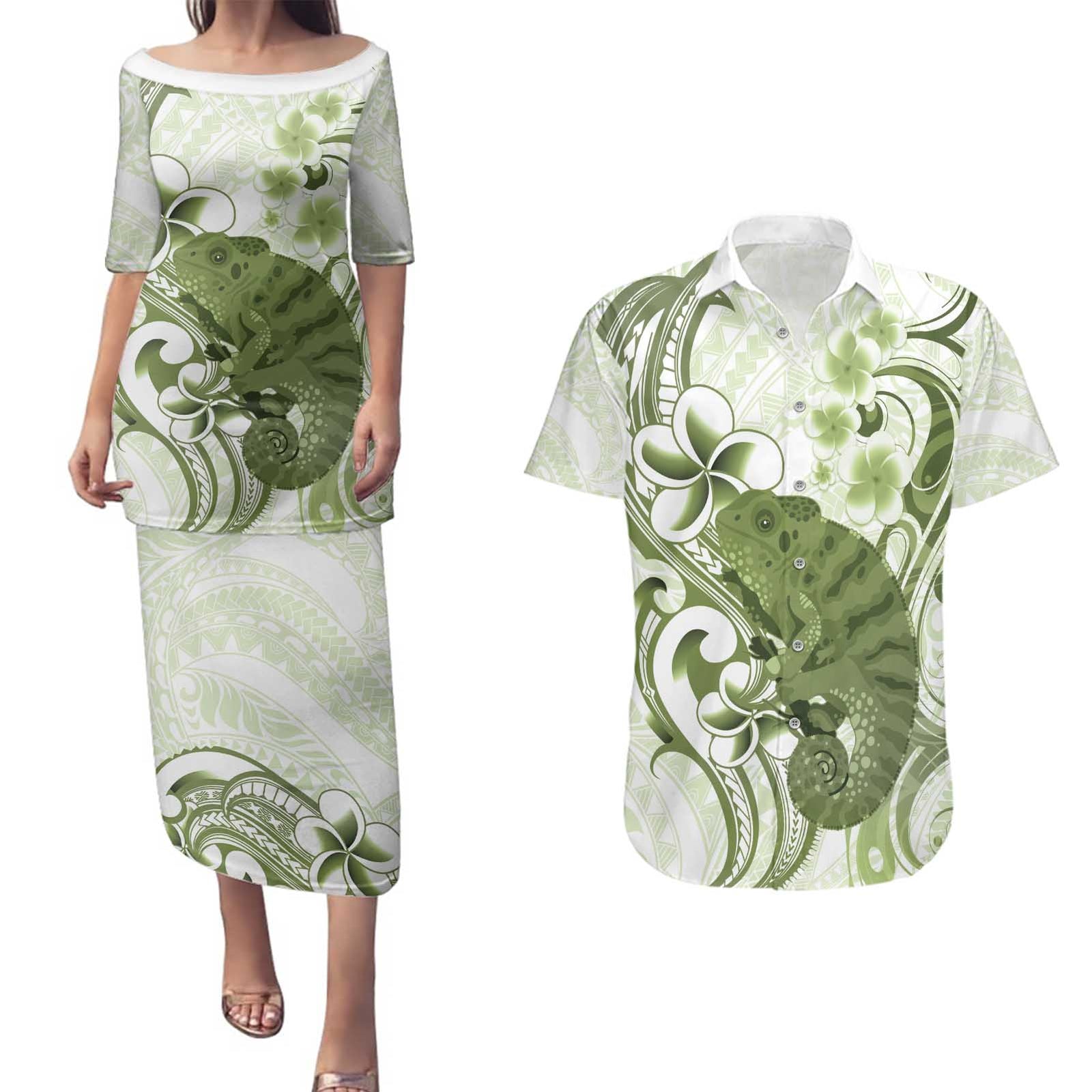 Green And White Hawaii Chameleon Couples Matching Puletasi and Hawaiian Shirt Plumeria Polynesian Tribal Art