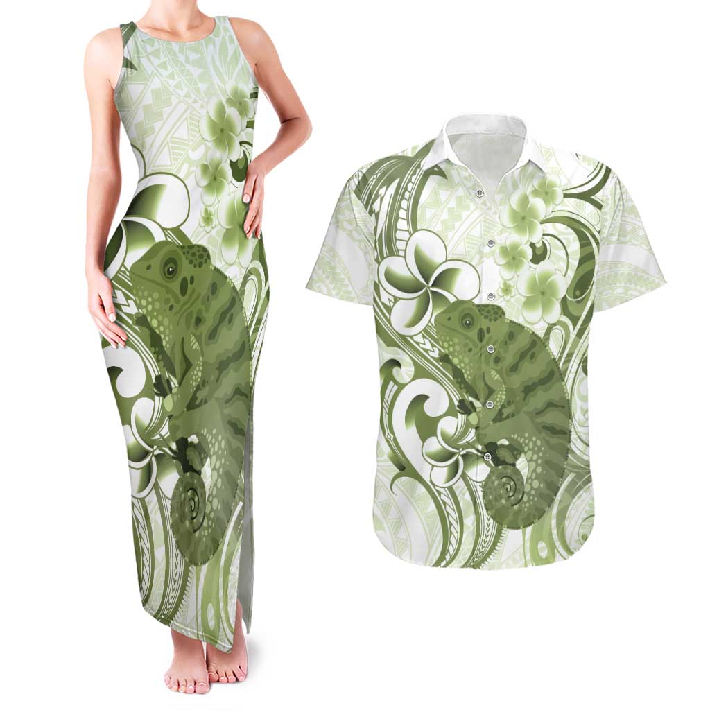 Green And White Hawaii Chameleon Couples Matching Tank Maxi Dress and Hawaiian Shirt Plumeria Polynesian Tribal Art
