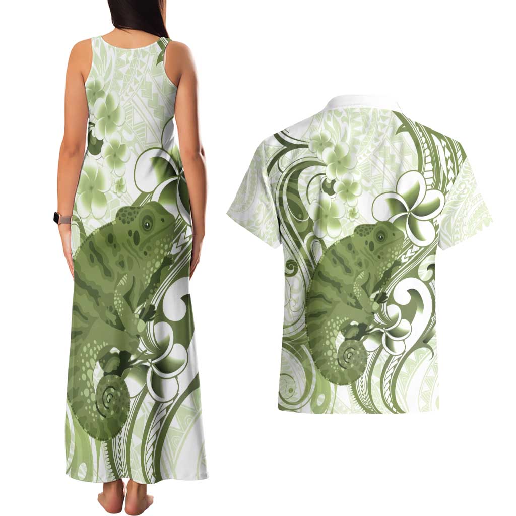 Green And White Hawaii Chameleon Couples Matching Tank Maxi Dress and Hawaiian Shirt Plumeria Polynesian Tribal Art