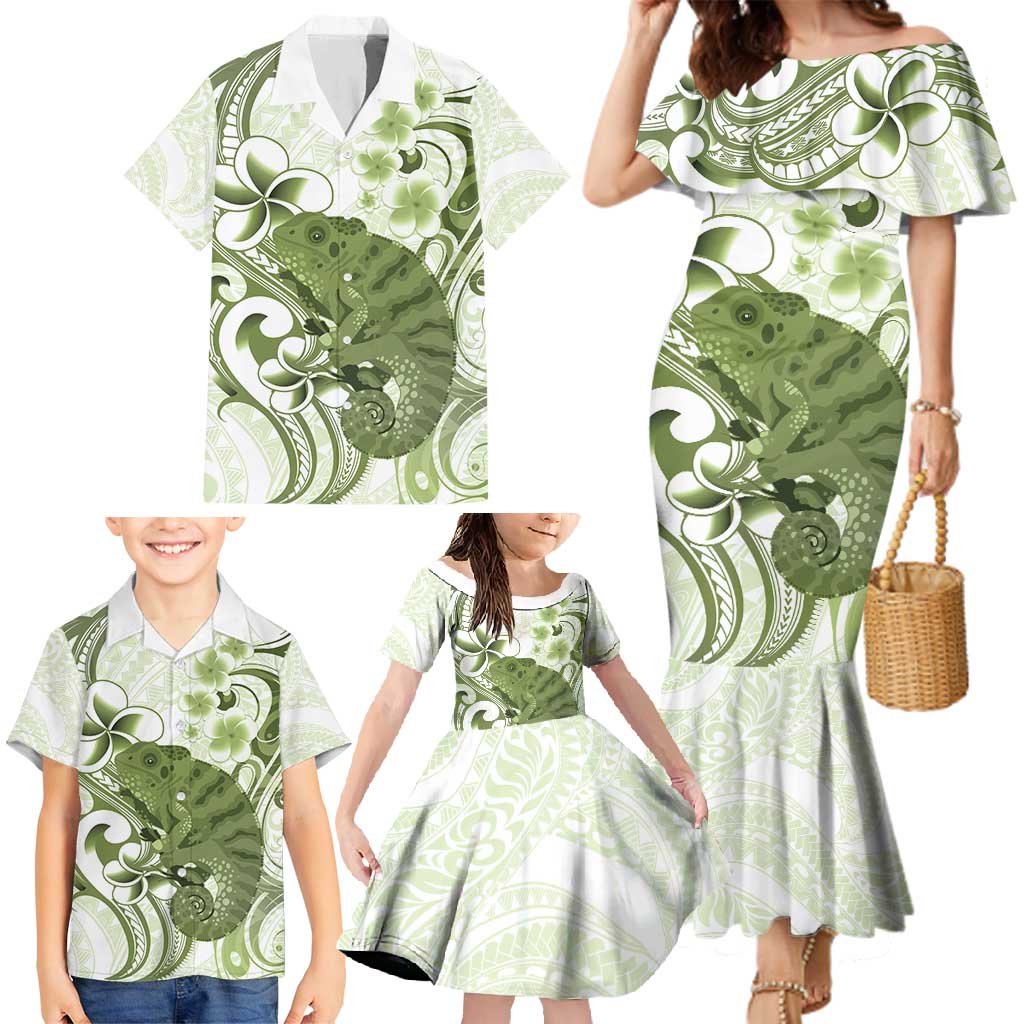 Green And White Hawaii Chameleon Family Matching Mermaid Dress and Hawaiian Shirt Plumeria Polynesian Tribal Art LT14 - Polynesian Pride