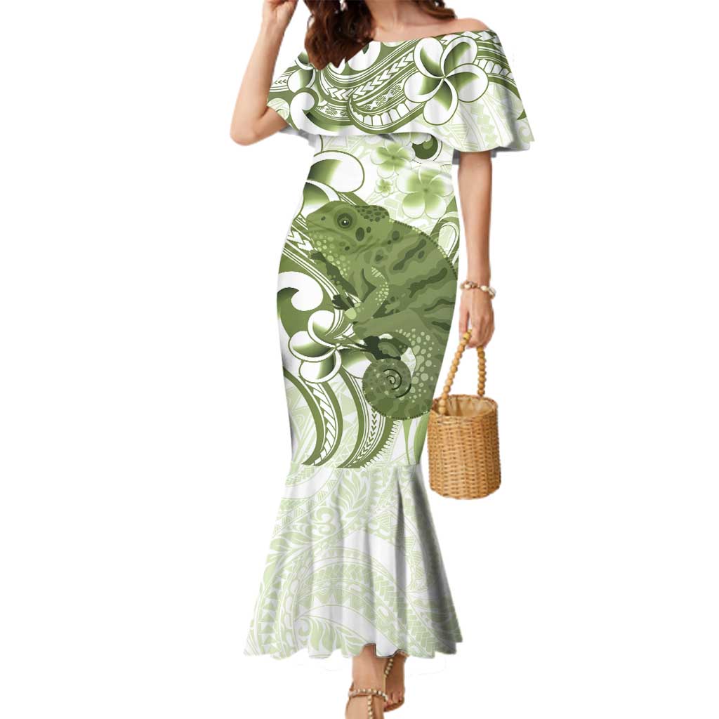 Green And White Hawaii Chameleon Family Matching Mermaid Dress and Hawaiian Shirt Plumeria Polynesian Tribal Art LT14 Mom's Dress Lime Green - Polynesian Pride