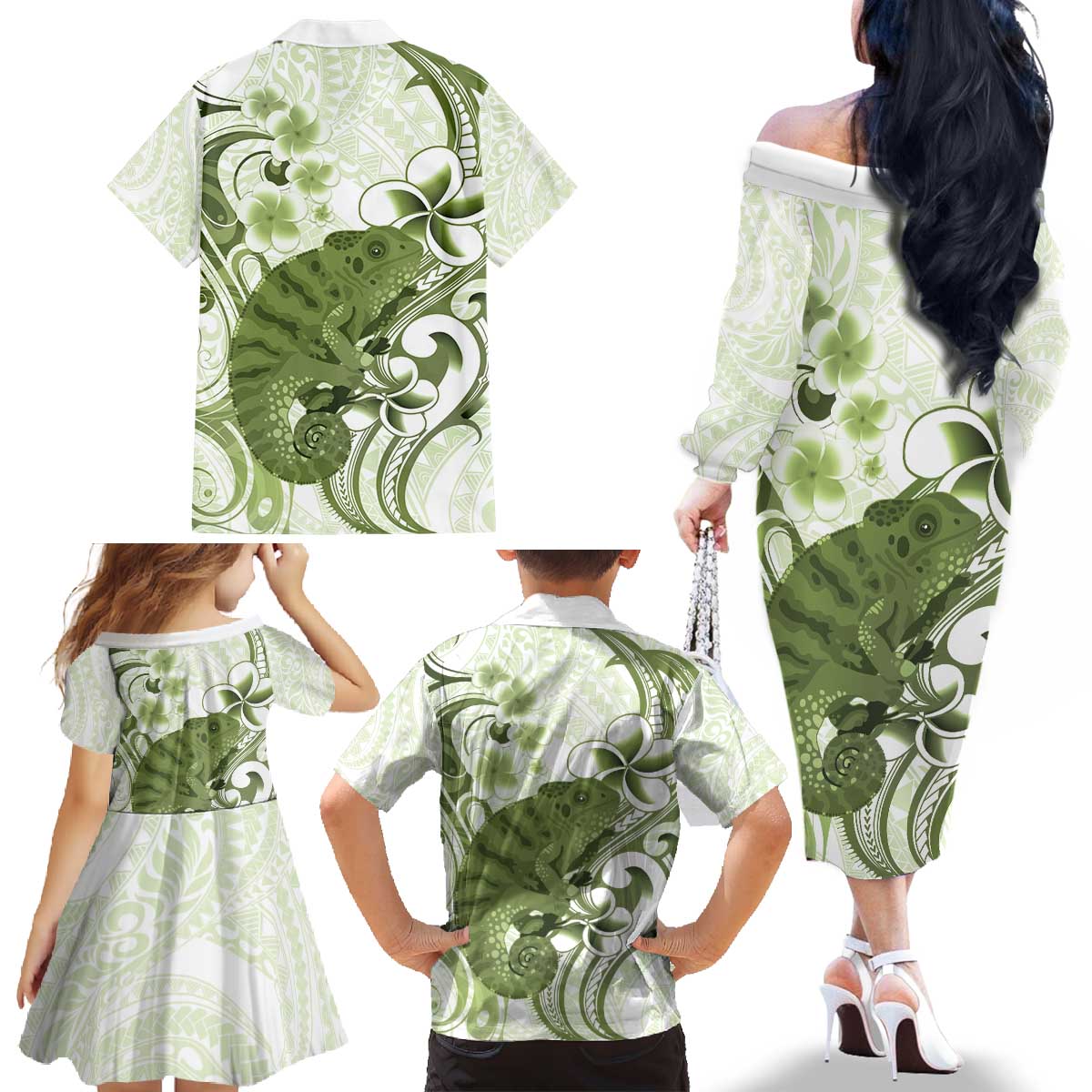 Green And White Hawaii Chameleon Family Matching Off The Shoulder Long Sleeve Dress and Hawaiian Shirt Plumeria Polynesian Tribal Art LT14 - Polynesian Pride