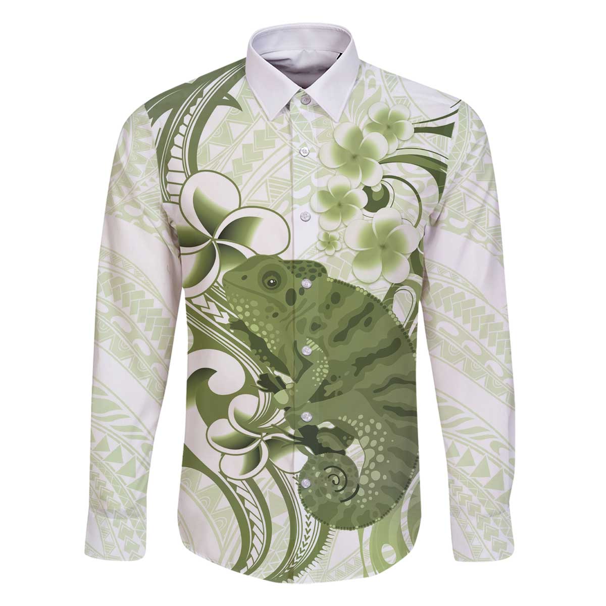 Green And White Hawaii Chameleon Family Matching Off The Shoulder Long Sleeve Dress and Hawaiian Shirt Plumeria Polynesian Tribal Art LT14 Dad's Shirt - Long Sleeve Lime Green - Polynesian Pride