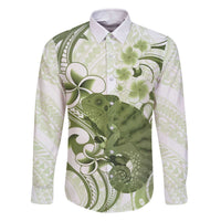 Green And White Hawaii Chameleon Family Matching Off The Shoulder Long Sleeve Dress and Hawaiian Shirt Plumeria Polynesian Tribal Art LT14 Dad's Shirt - Long Sleeve Lime Green - Polynesian Pride