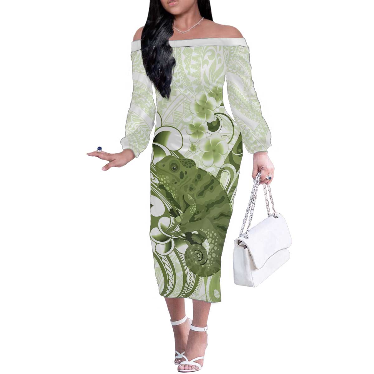 Green And White Hawaii Chameleon Family Matching Off The Shoulder Long Sleeve Dress and Hawaiian Shirt Plumeria Polynesian Tribal Art LT14 Mom's Dress Lime Green - Polynesian Pride