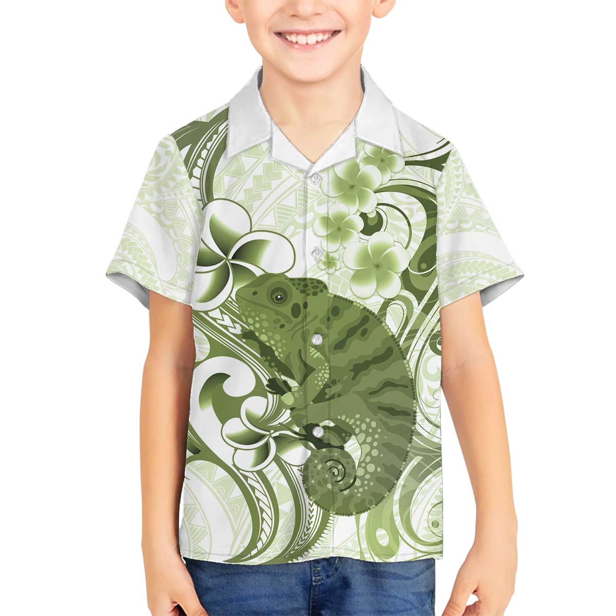 Green And White Hawaii Chameleon Family Matching Off The Shoulder Long Sleeve Dress and Hawaiian Shirt Plumeria Polynesian Tribal Art LT14 Son's Shirt Lime Green - Polynesian Pride