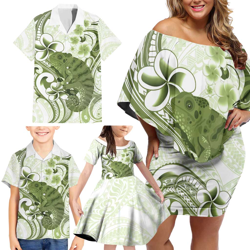 Green And White Hawaii Chameleon Family Matching Off Shoulder Short Dress and Hawaiian Shirt Plumeria Polynesian Tribal Art LT14 - Polynesian Pride
