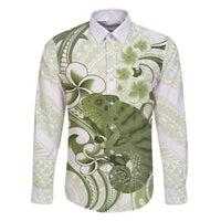 Green And White Hawaii Chameleon Family Matching Off Shoulder Short Dress and Hawaiian Shirt Plumeria Polynesian Tribal Art LT14 Dad's Shirt - Long Sleeve Lime Green - Polynesian Pride