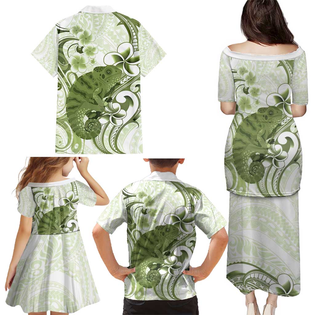 Green And White Hawaii Chameleon Family Matching Puletasi and Hawaiian Shirt Plumeria Polynesian Tribal Art LT14 - Polynesian Pride