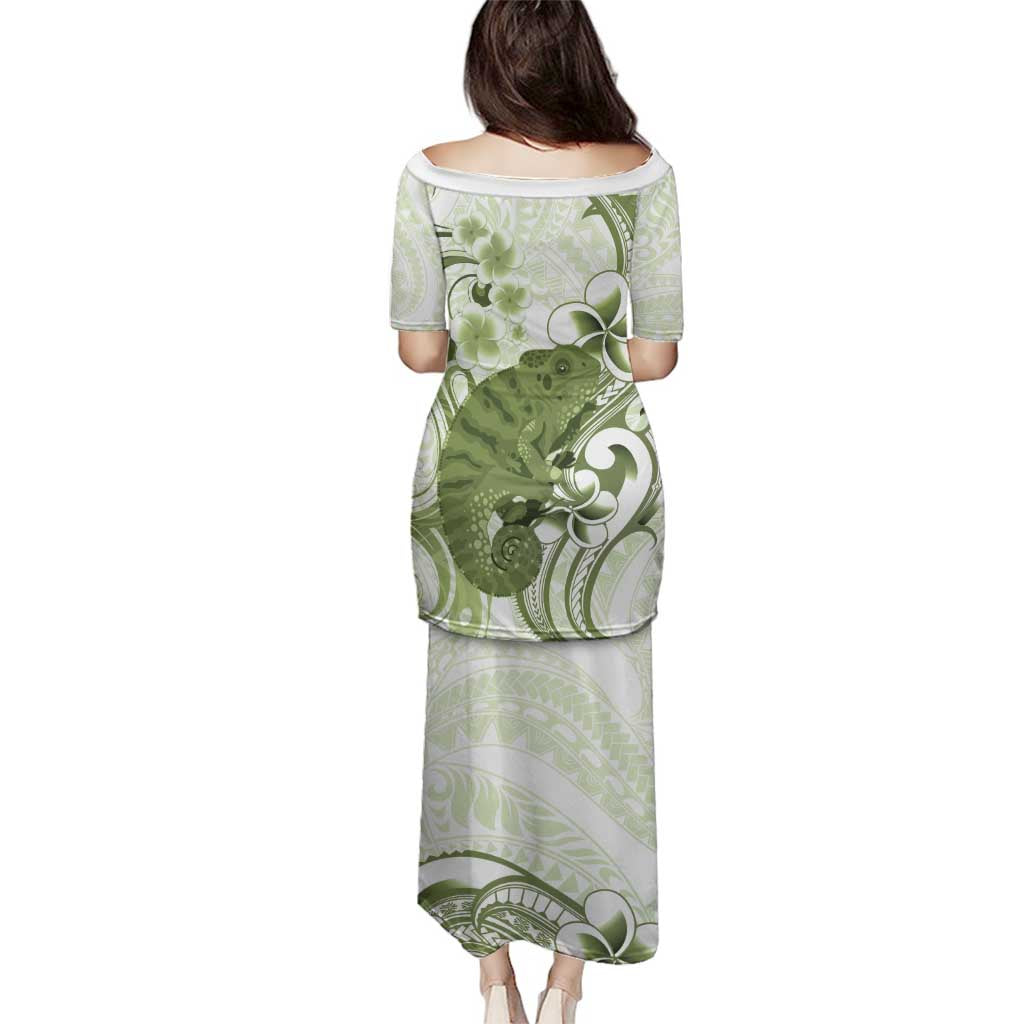 Green And White Hawaii Chameleon Family Matching Puletasi and Hawaiian Shirt Plumeria Polynesian Tribal Art LT14 - Polynesian Pride