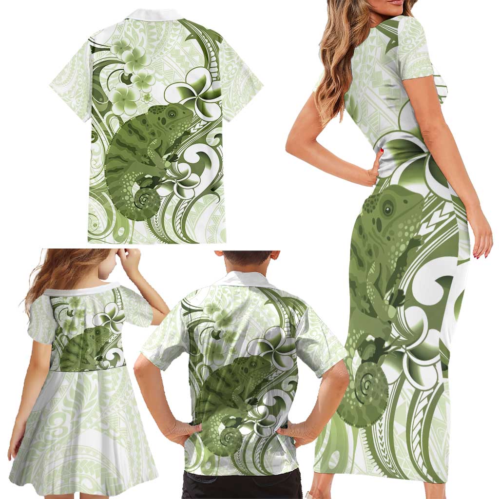 Green And White Hawaii Chameleon Family Matching Short Sleeve Bodycon Dress and Hawaiian Shirt Plumeria Polynesian Tribal Art LT14 - Polynesian Pride