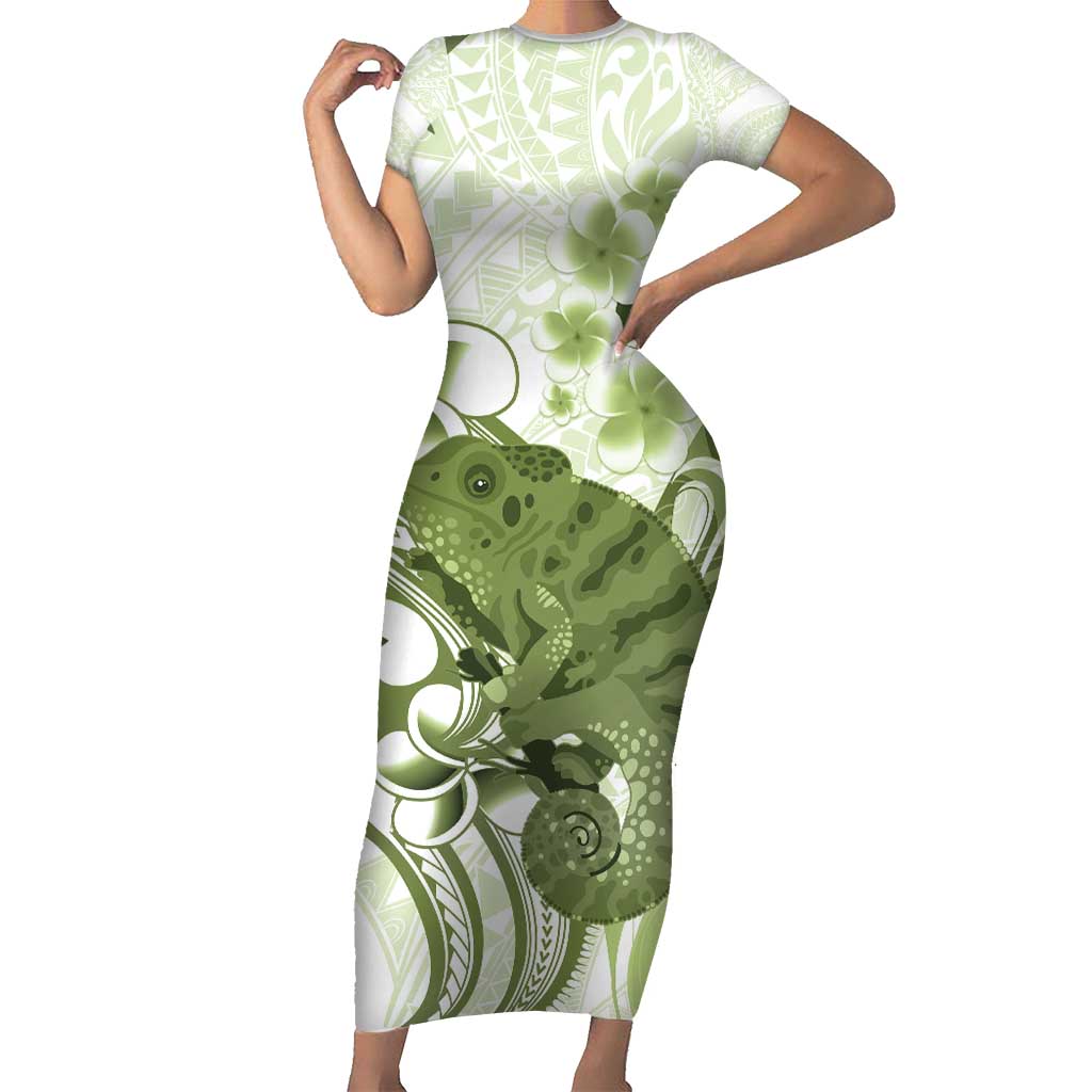Green And White Hawaii Chameleon Family Matching Short Sleeve Bodycon Dress and Hawaiian Shirt Plumeria Polynesian Tribal Art LT14 Mom's Dress Lime Green - Polynesian Pride