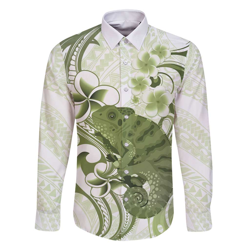 Green And White Hawaii Chameleon Family Matching Tank Maxi Dress and Hawaiian Shirt Plumeria Polynesian Tribal Art LT14 Dad's Shirt - Long Sleeve Lime Green - Polynesian Pride