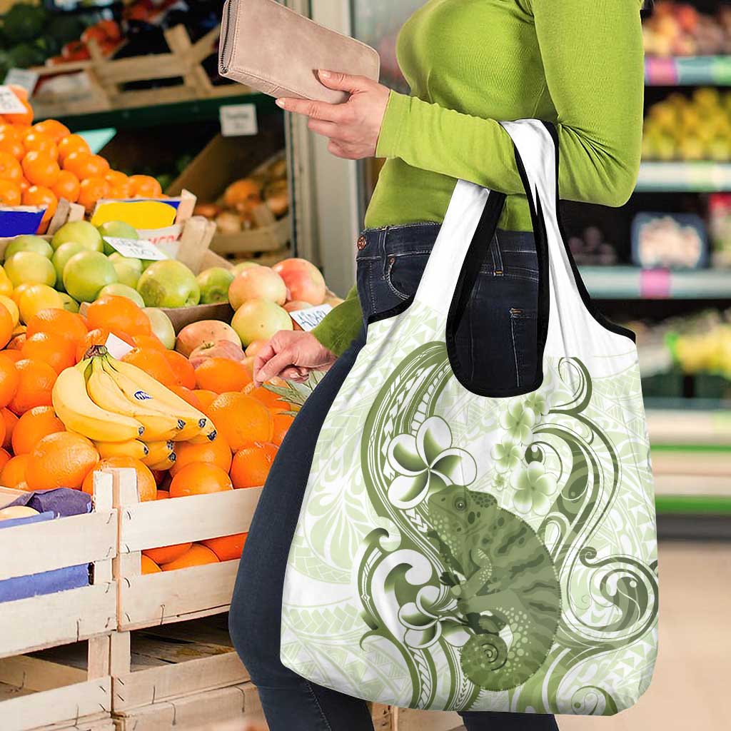 Green And White Hawaii Chameleon Grocery Bag Plumeria Polynesian Tribal Art