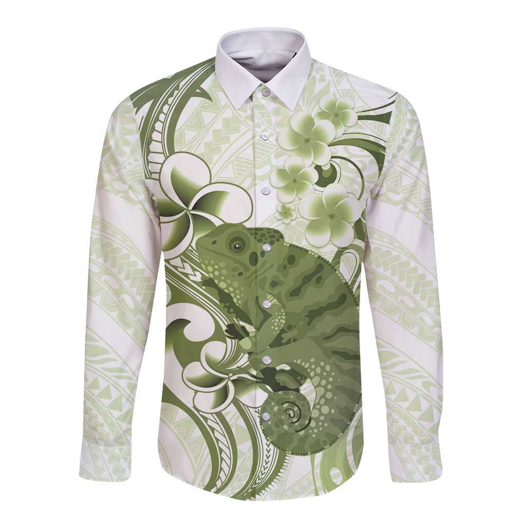 Green And White Hawaii Chameleon Long Sleeve Button Shirt Plumeria Polynesian Tribal Art LT14 Unisex Lime Green - Polynesian Pride