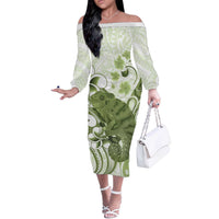 Green And White Hawaii Chameleon Off The Shoulder Long Sleeve Dress Plumeria Polynesian Tribal Art