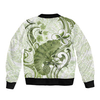 Green And White Hawaii Chameleon Sleeve Zip Bomber Jacket Plumeria Polynesian Tribal Art