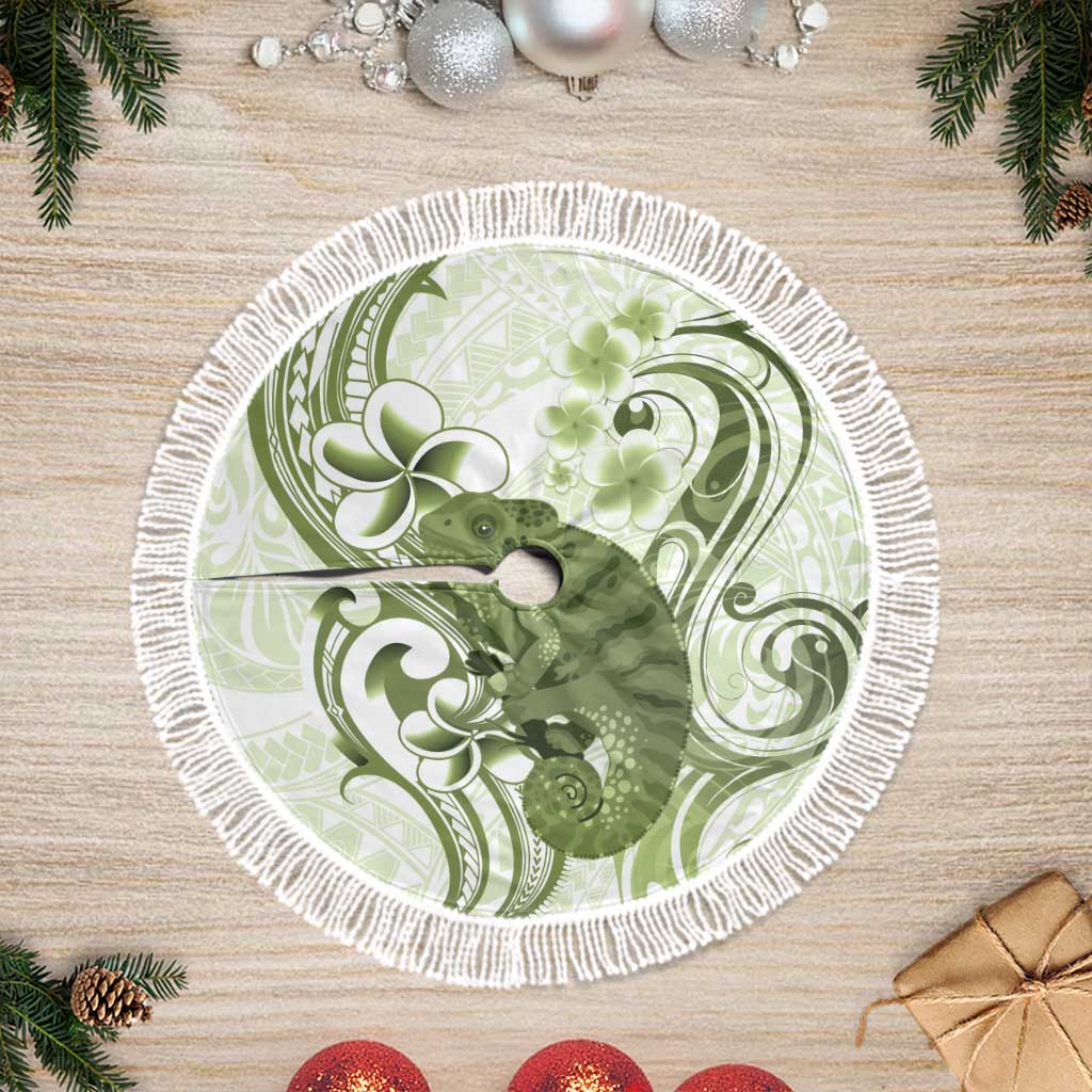 Green And White Hawaii Chameleon Tree Skirt Plumeria Polynesian Tribal Art LT14 Fringed Lime Green - Polynesian Pride