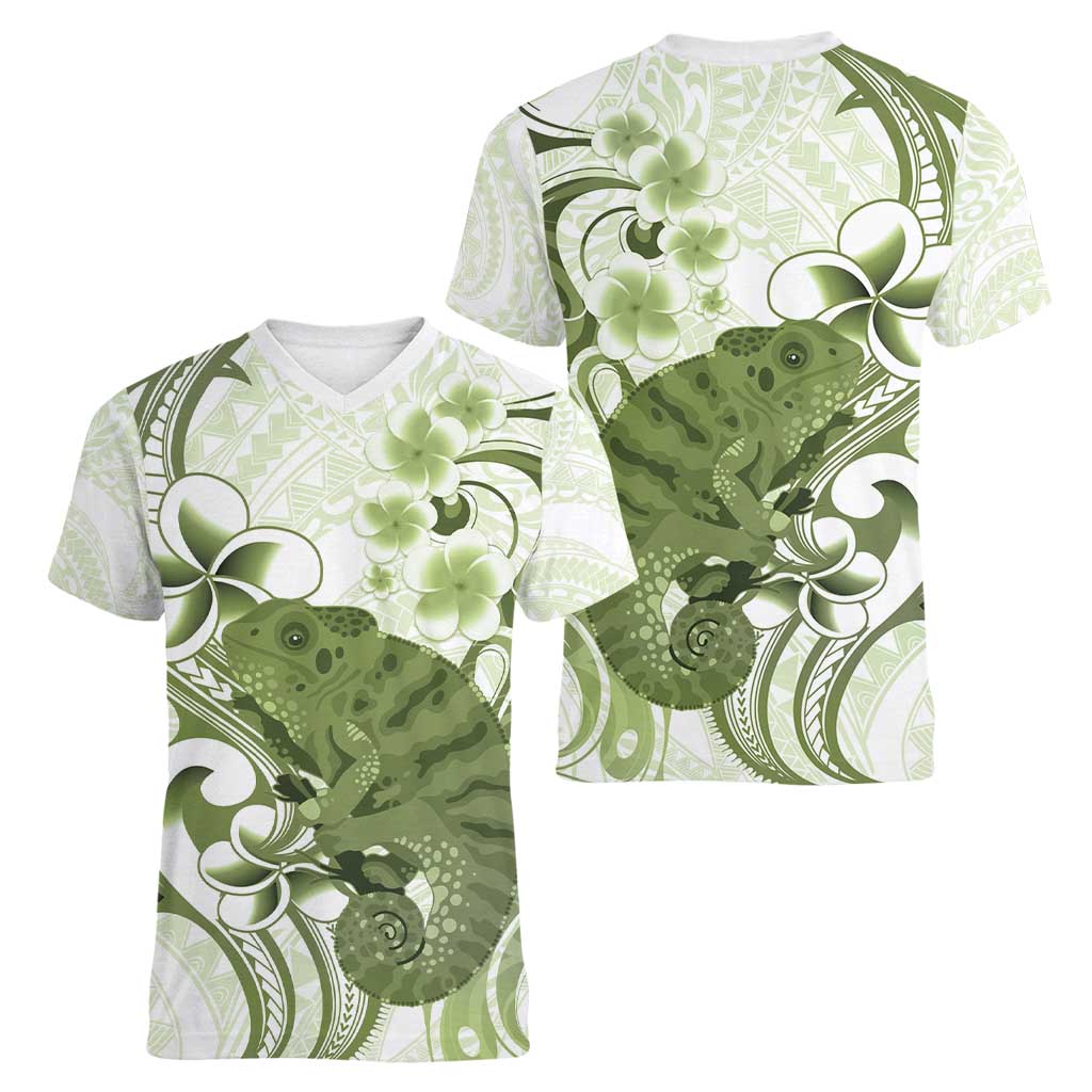 Green And White Hawaii Chameleon Women V-Neck T-Shirt Plumeria Polynesian Tribal Art