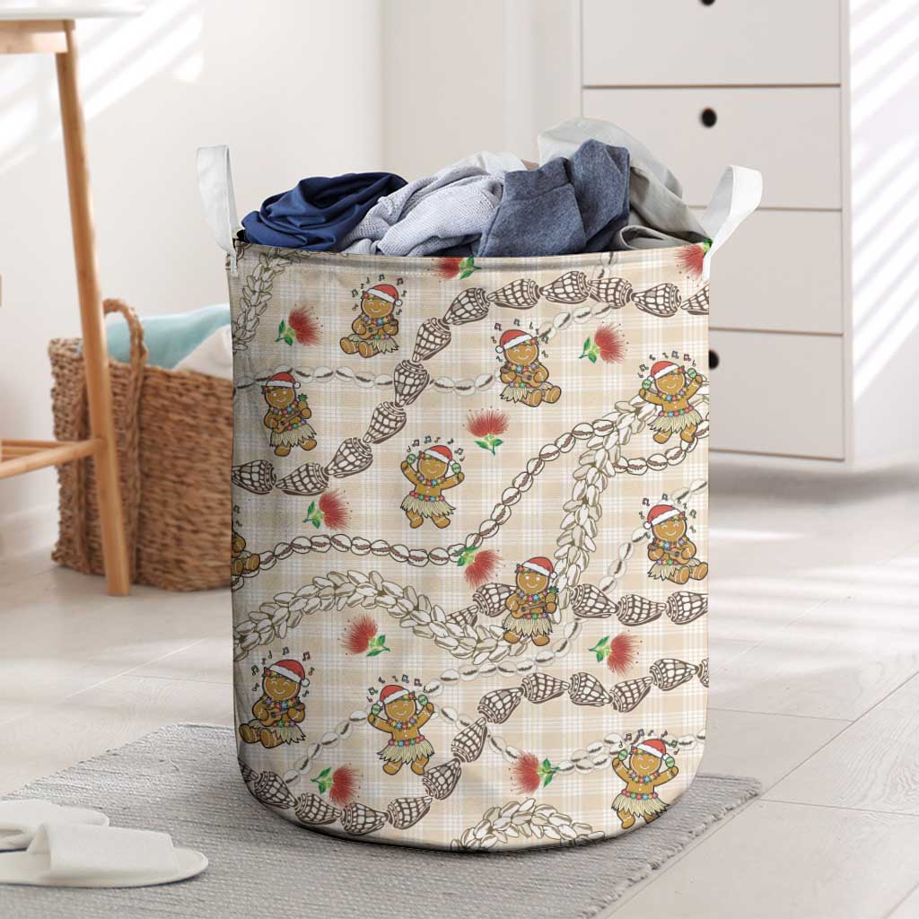 Beige Palaka Hawaii Mele Kalikimaka Laundry Basket Ohia Lehua Shell Leis Funny Gingerbread Santa - Polynesian Pride