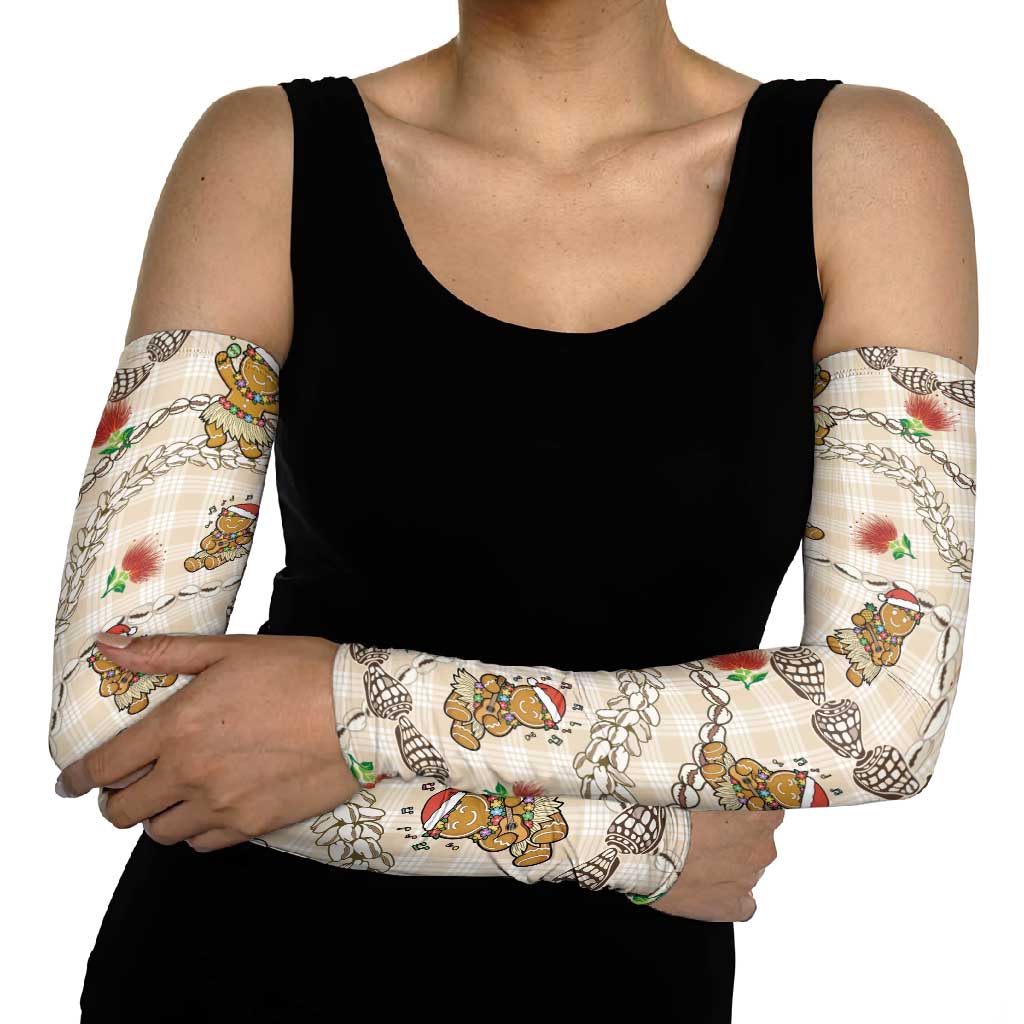 Beige Palaka Hawaii Mele Kalikimaka Arm Sleeves Ohia Lehua Shell Leis Funny Gingerbread Santa - Polynesian Pride