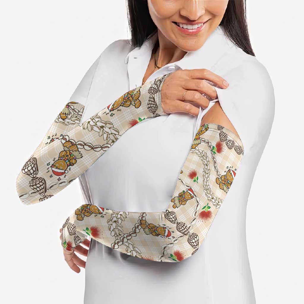 Beige Palaka Hawaii Mele Kalikimaka Arm Sleeves Ohia Lehua Shell Leis Funny Gingerbread Santa - Polynesian Pride