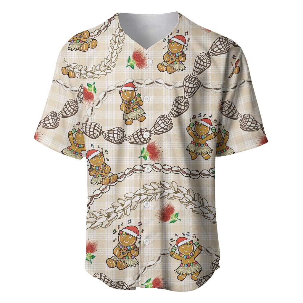 Beige Palaka Hawaii Mele Kalikimaka Baseball Jersey Ohia Lehua Shell Leis Funny Gingerbread Santa - Polynesian Pride