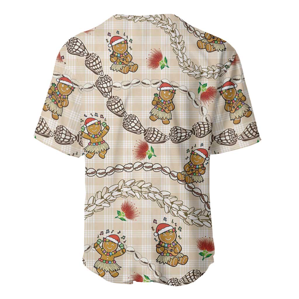 Beige Palaka Hawaii Mele Kalikimaka Baseball Jersey Ohia Lehua Shell Leis Funny Gingerbread Santa - Polynesian Pride