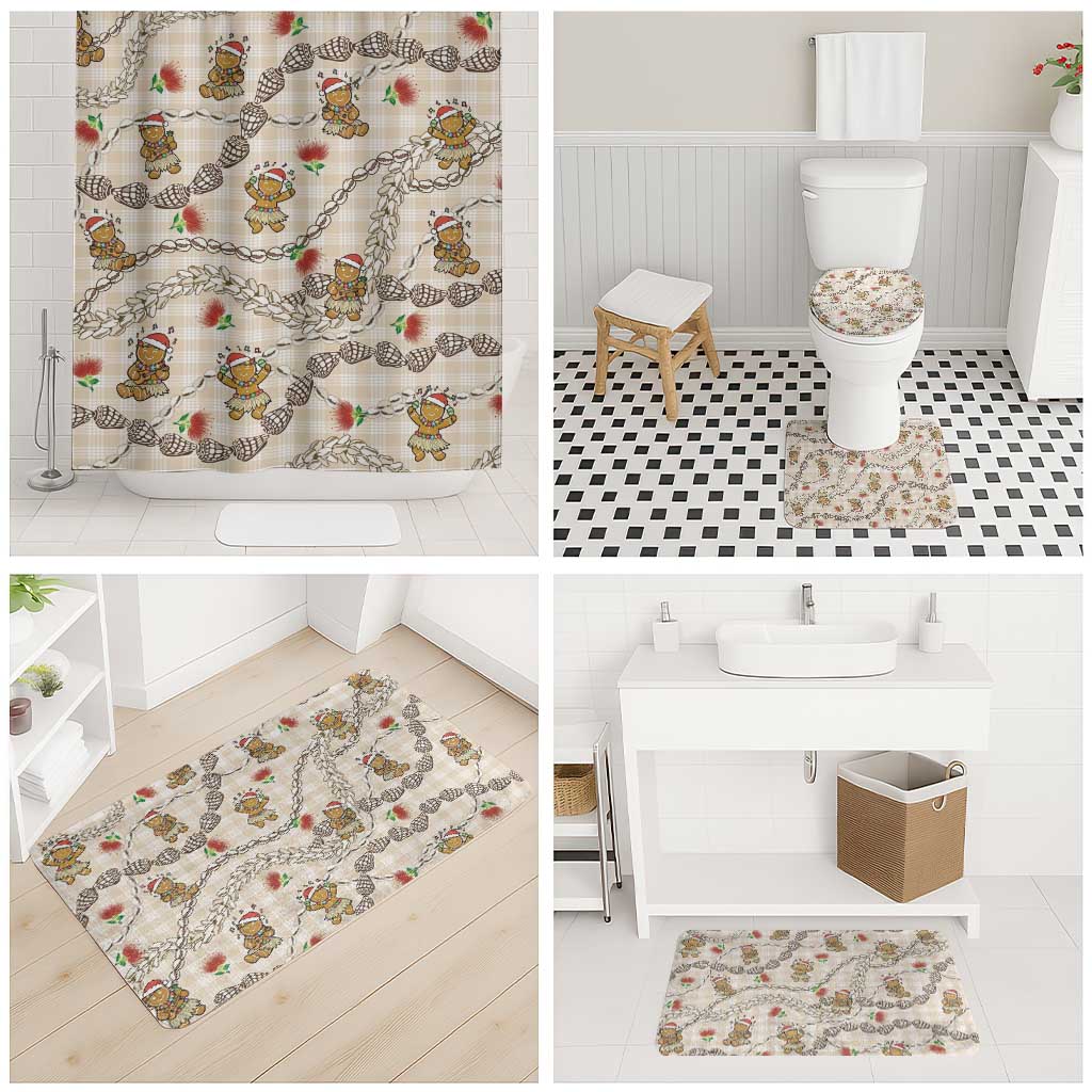 Beige Palaka Hawaii Mele Kalikimaka Bathroom Set Ohia Lehua Shell Leis Funny Gingerbread Santa - Polynesian Pride