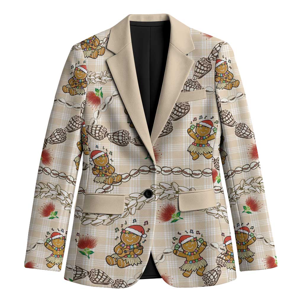 Beige Palaka Hawaii Mele Kalikimaka Blazer Ohia Lehua Shell Leis Funny Gingerbread Santa - Polynesian Pride