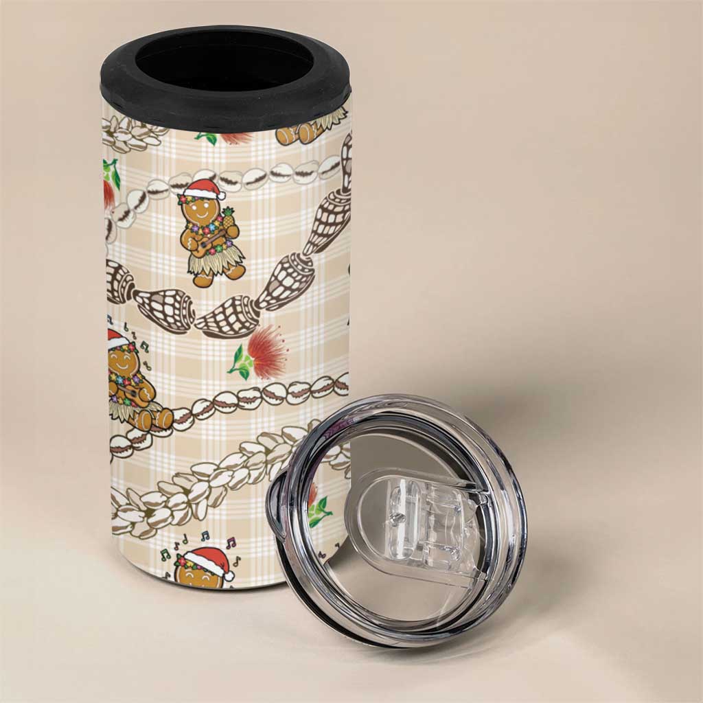Beige Palaka Hawaii Mele Kalikimaka 4 in 1 Can Cooler Tumbler Ohia Lehua Shell Leis Funny Gingerbread Santa LT14 - Polynesian Pride