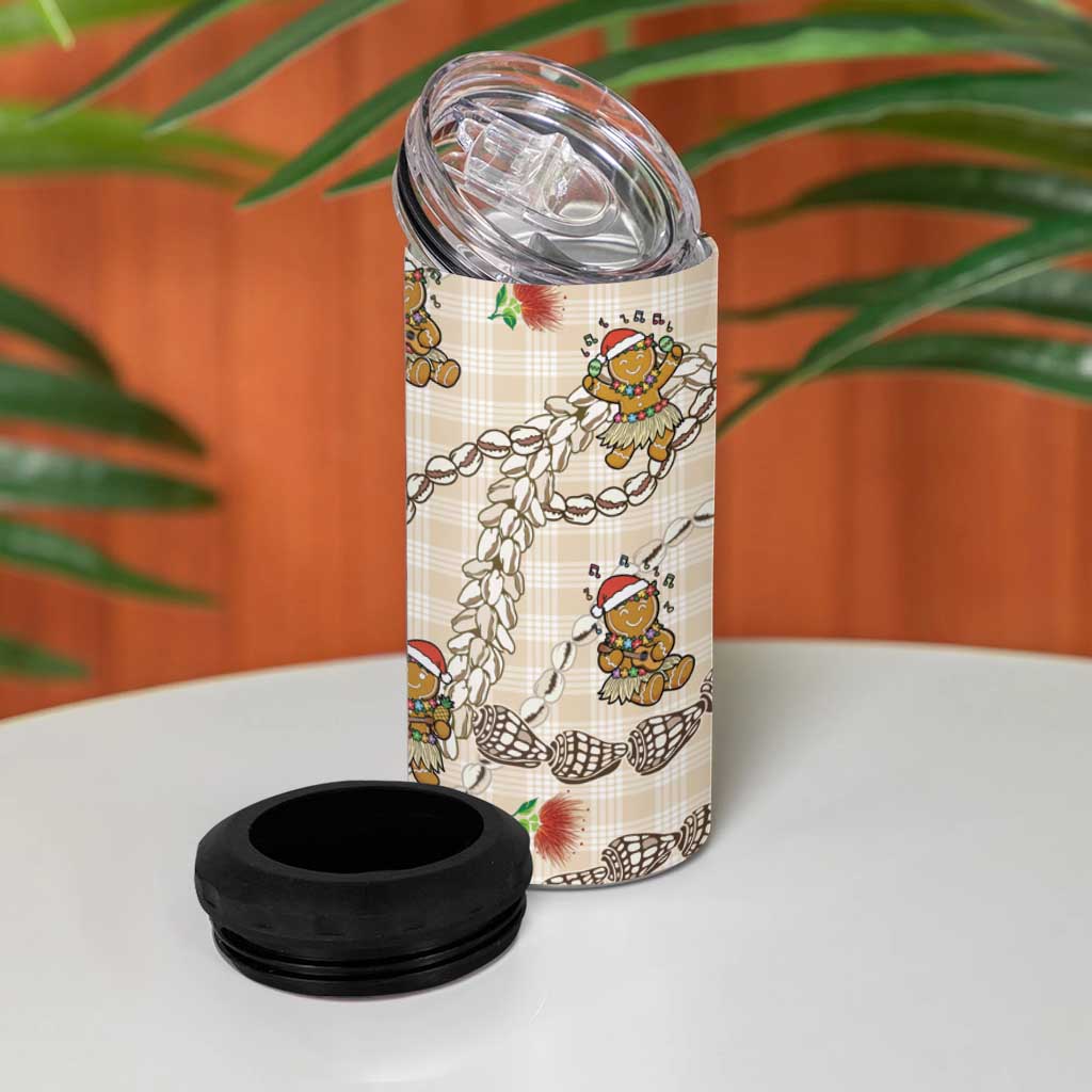 Beige Palaka Hawaii Mele Kalikimaka 4 in 1 Can Cooler Tumbler Ohia Lehua Shell Leis Funny Gingerbread Santa LT14 - Polynesian Pride