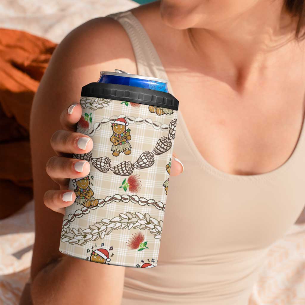Beige Palaka Hawaii Mele Kalikimaka 4 in 1 Can Cooler Tumbler Ohia Lehua Shell Leis Funny Gingerbread Santa LT14 - Polynesian Pride