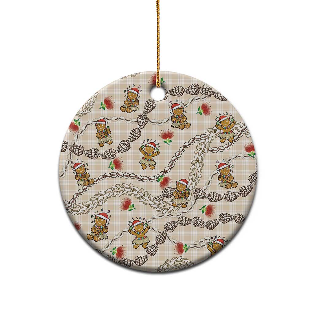 Beige Palaka Hawaii Mele Kalikimaka Ceramic Ornament Ohia Lehua Shell Leis Funny Gingerbread Santa - Polynesian Pride