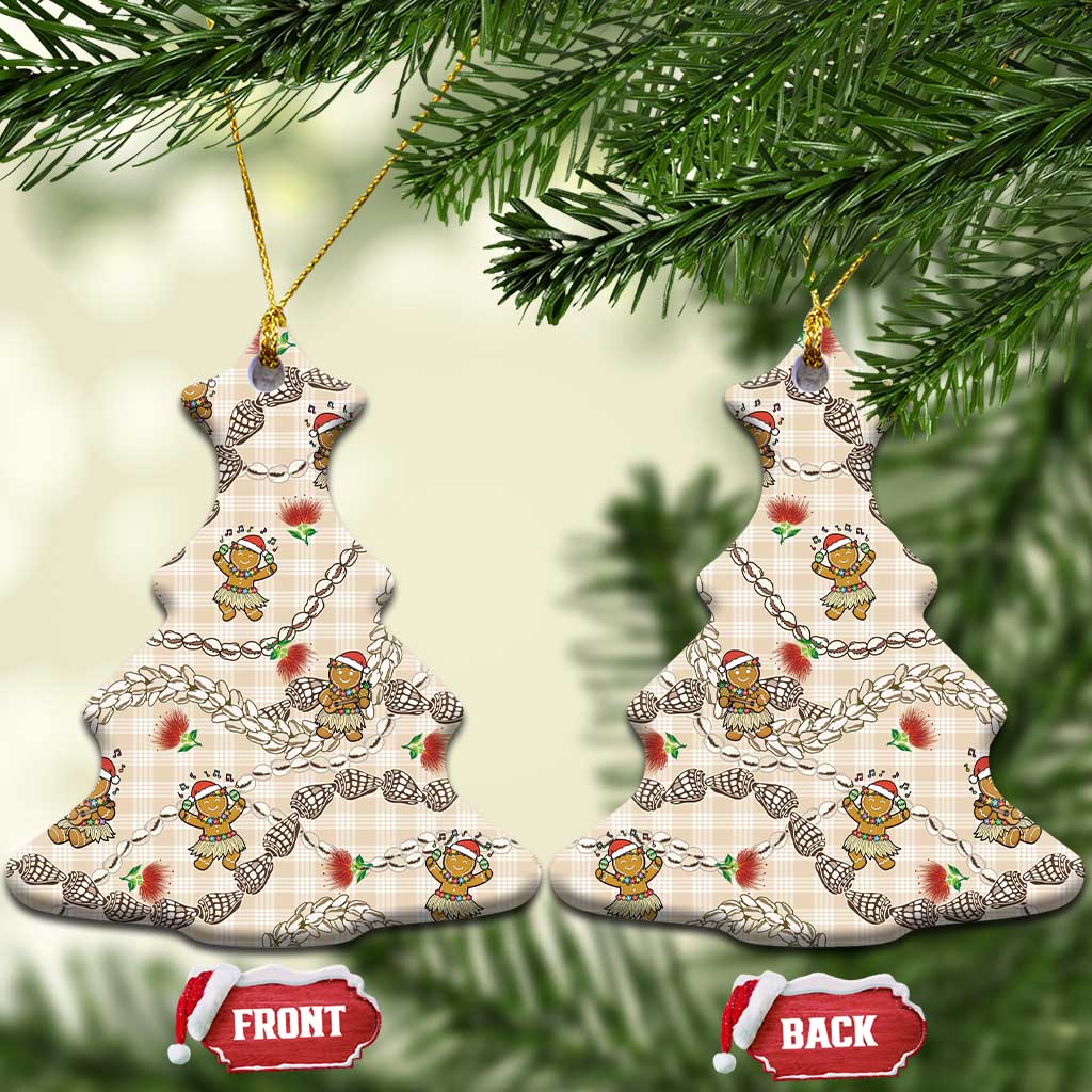 Beige Palaka Hawaii Mele Kalikimaka Ceramic Ornament Ohia Lehua Shell Leis Funny Gingerbread Santa - Polynesian Pride