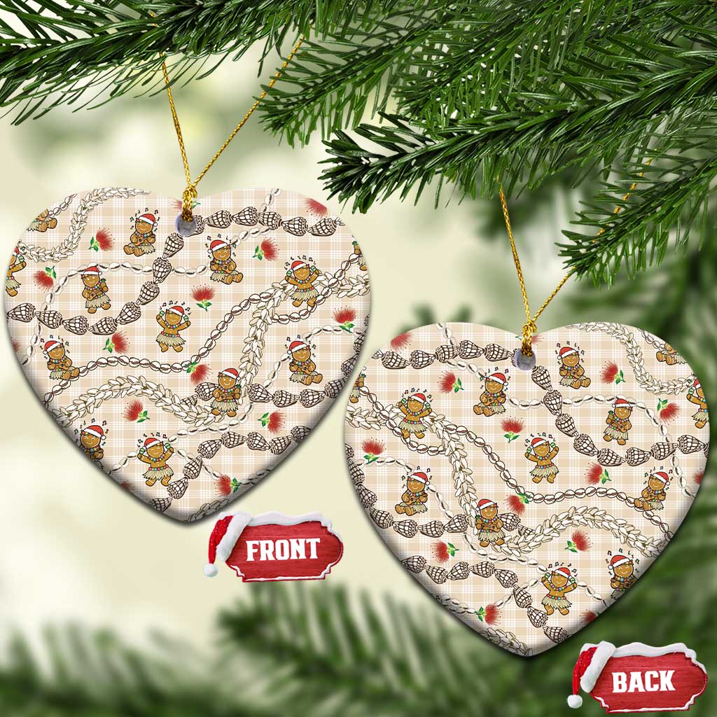 Beige Palaka Hawaii Mele Kalikimaka Ceramic Ornament Ohia Lehua Shell Leis Funny Gingerbread Santa - Polynesian Pride