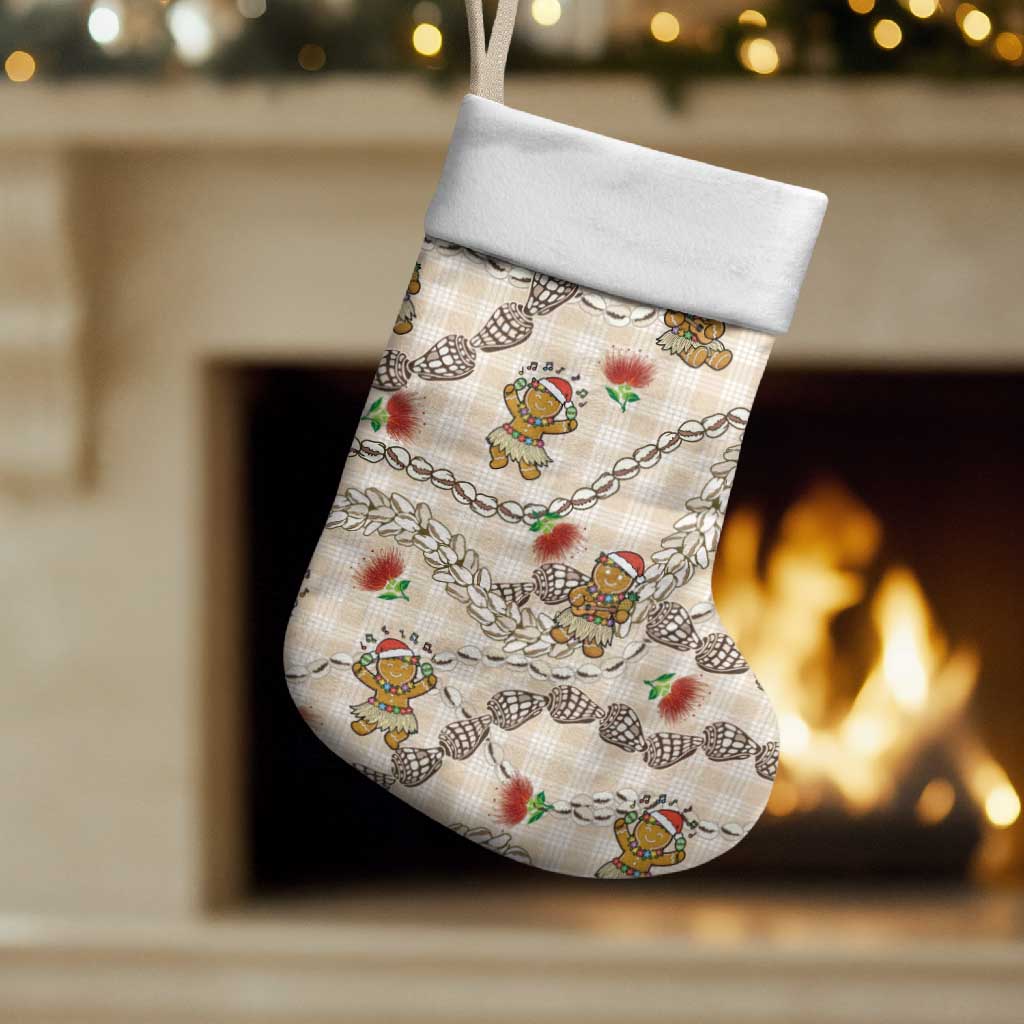 Beige Palaka Hawaii Mele Kalikimaka Christmas Stocking Ohia Lehua Shell Leis Funny Gingerbread Santa - Polynesian Pride