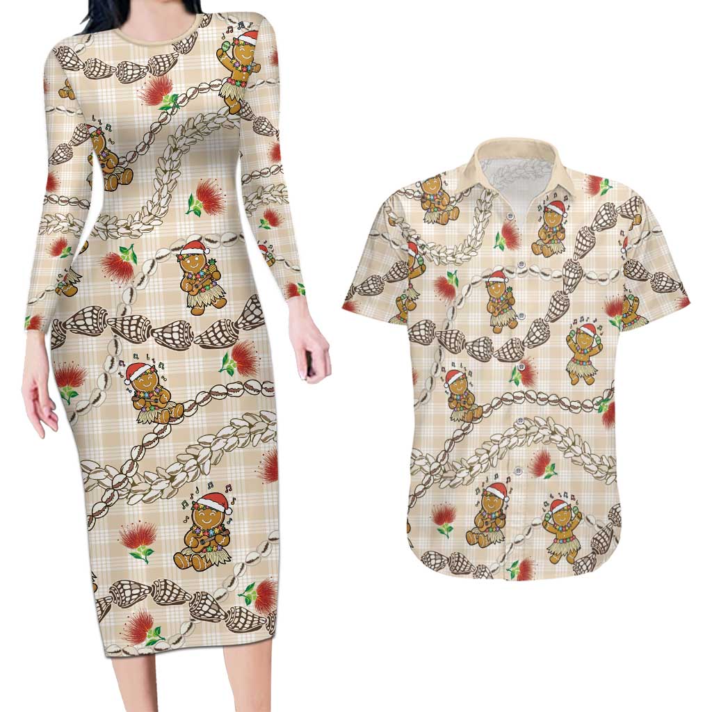 Beige Palaka Hawaii Mele Kalikimaka Couples Matching Long Sleeve Bodycon Dress and Hawaiian Shirt Ohia Lehua Shell Leis Funny Gingerbread Santa - Polynesian Pride