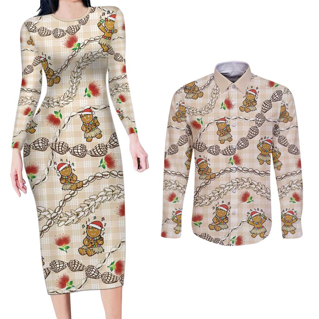 Beige Palaka Hawaii Mele Kalikimaka Couples Matching Long Sleeve Bodycon Dress and Long Sleeve Button Shirt Ohia Lehua Shell Leis Funny Gingerbread Santa LT14 Beige - Polynesian Pride