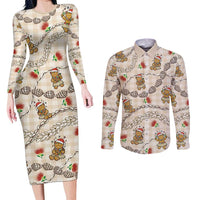Beige Palaka Hawaii Mele Kalikimaka Couples Matching Long Sleeve Bodycon Dress and Long Sleeve Button Shirt Ohia Lehua Shell Leis Funny Gingerbread Santa LT14 Beige - Polynesian Pride
