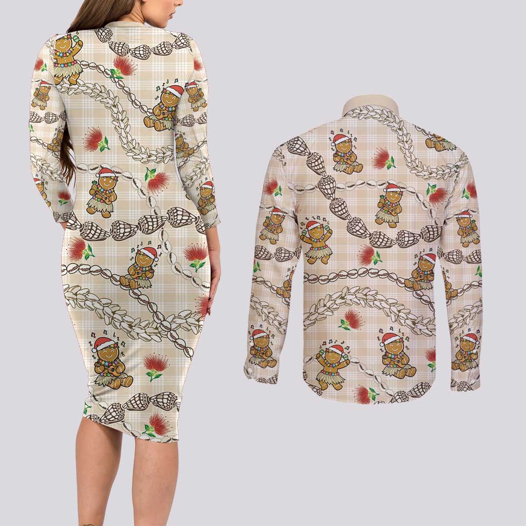 Beige Palaka Hawaii Mele Kalikimaka Couples Matching Long Sleeve Bodycon Dress and Long Sleeve Button Shirt Ohia Lehua Shell Leis Funny Gingerbread Santa LT14 - Polynesian Pride