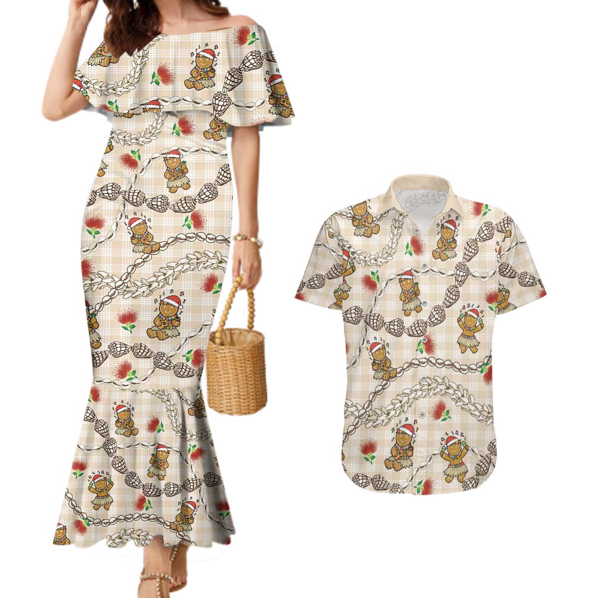Beige Palaka Hawaii Mele Kalikimaka Couples Matching Mermaid Dress and Hawaiian Shirt Ohia Lehua Shell Leis Funny Gingerbread Santa - Polynesian Pride