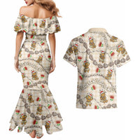 Beige Palaka Hawaii Mele Kalikimaka Couples Matching Mermaid Dress and Hawaiian Shirt Ohia Lehua Shell Leis Funny Gingerbread Santa LT14 - Polynesian Pride