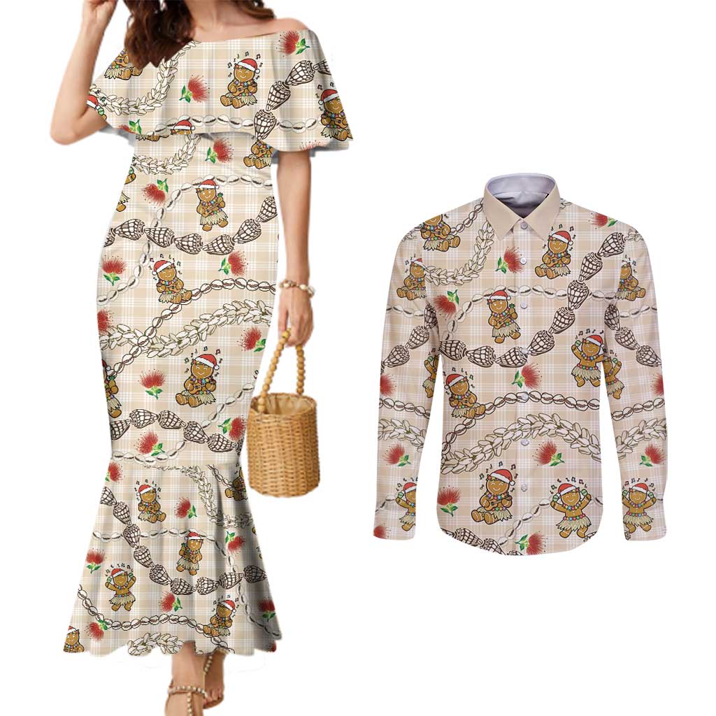 Beige Palaka Hawaii Mele Kalikimaka Couples Matching Mermaid Dress and Long Sleeve Button Shirt Ohia Lehua Shell Leis Funny Gingerbread Santa LT14 Beige - Polynesian Pride