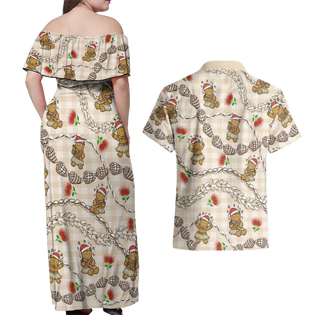 Beige Palaka Hawaii Mele Kalikimaka Couples Matching Off Shoulder Maxi Dress and Hawaiian Shirt Ohia Lehua Shell Leis Funny Gingerbread Santa LT14 - Polynesian Pride