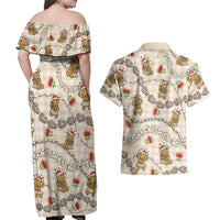 Beige Palaka Hawaii Mele Kalikimaka Couples Matching Off Shoulder Maxi Dress and Hawaiian Shirt Ohia Lehua Shell Leis Funny Gingerbread Santa LT14 - Polynesian Pride