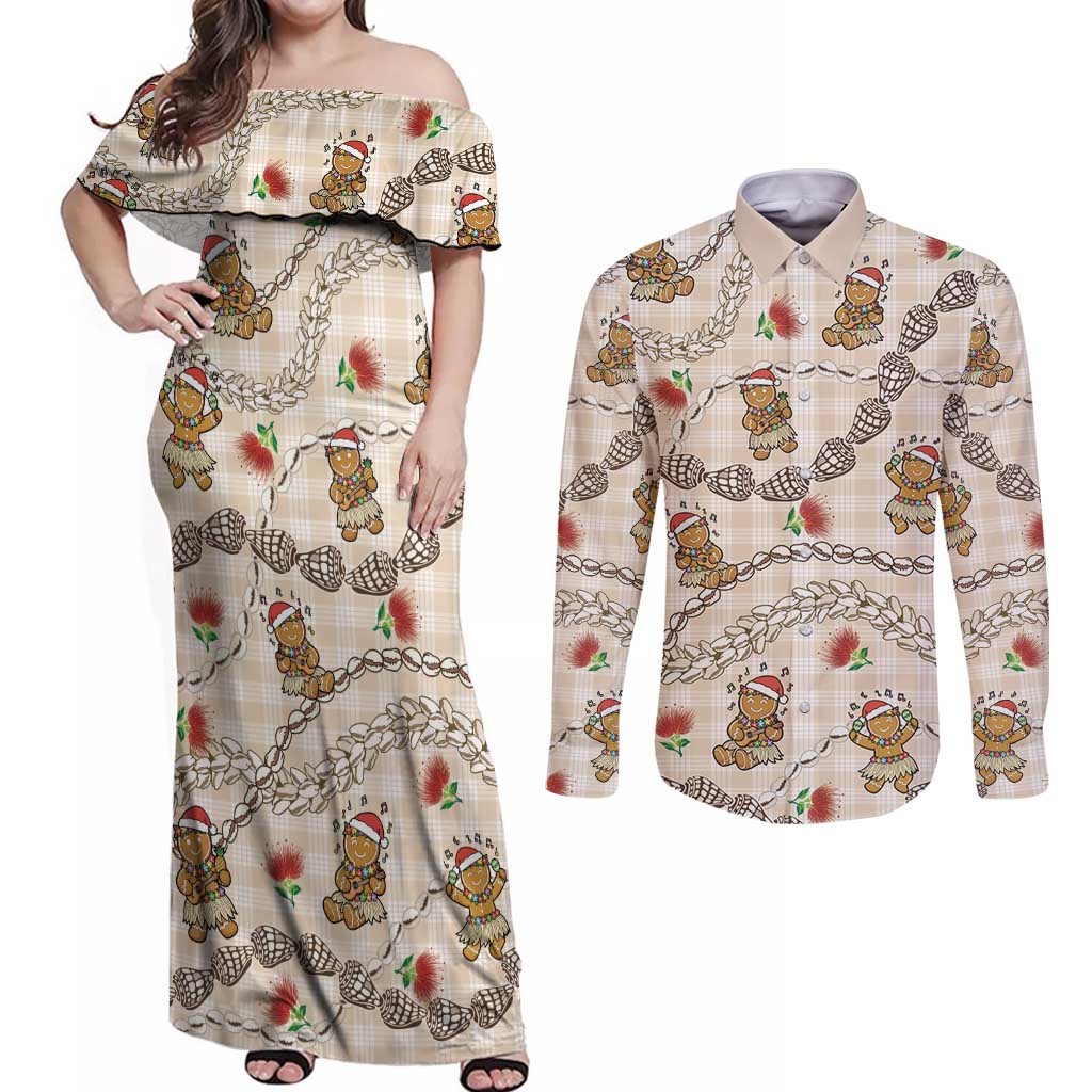 Beige Palaka Hawaii Mele Kalikimaka Couples Matching Off Shoulder Maxi Dress and Long Sleeve Button Shirt Ohia Lehua Shell Leis Funny Gingerbread Santa LT14 Beige - Polynesian Pride