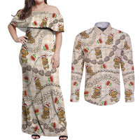 Beige Palaka Hawaii Mele Kalikimaka Couples Matching Off Shoulder Maxi Dress and Long Sleeve Button Shirt Ohia Lehua Shell Leis Funny Gingerbread Santa LT14 Beige - Polynesian Pride