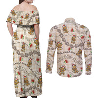 Beige Palaka Hawaii Mele Kalikimaka Couples Matching Off Shoulder Maxi Dress and Long Sleeve Button Shirt Ohia Lehua Shell Leis Funny Gingerbread Santa LT14 - Polynesian Pride